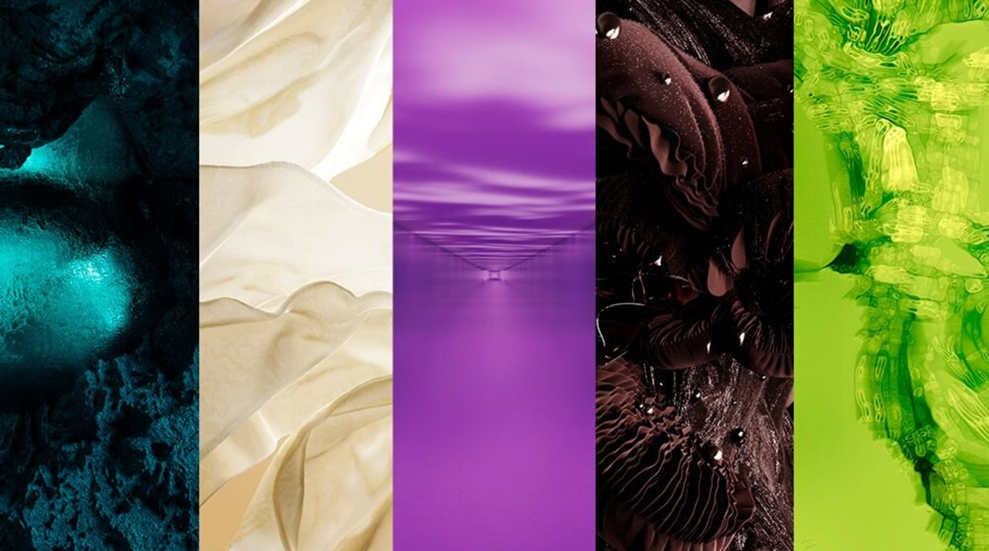 پالت رنگی سال ۲۰۲۶ کولورو و WGSN: آبی سبز دگرگون‌ساز (Transformative Teal - ۰۹۲-۳۷-۱۴)، کاغذ مومی (Wax Paper - ۰۳۵-۸۸-۱۲)، بنفش تازه (Fresh Purple - ۱۳۶-۳۲-۳۳)، پودر کاکائو (Cocoa Powder - ۰۰۸-۳۵-۰۶)، سبز درخشان (Green Glow - ۰۵۷-۸۲-۳۲). پنج رنگ ترند جهانی با پس‌زمینه هنری، مناسب برای الهام‌بخشی در طراحی و دکوراسیون.