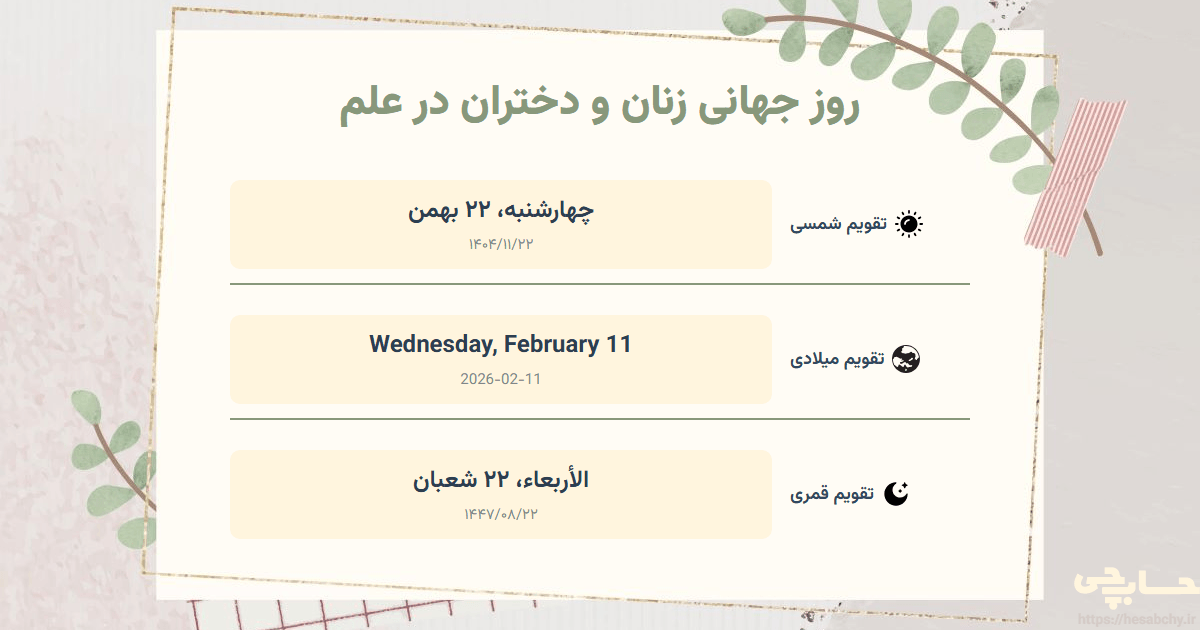 تصویر رویداد روز جهانی زنان و دختران در علم - چهارشنبه، ۲۲ بهمن (Wednesday, February 11) - الأربعاء، ۲۲ شعبان