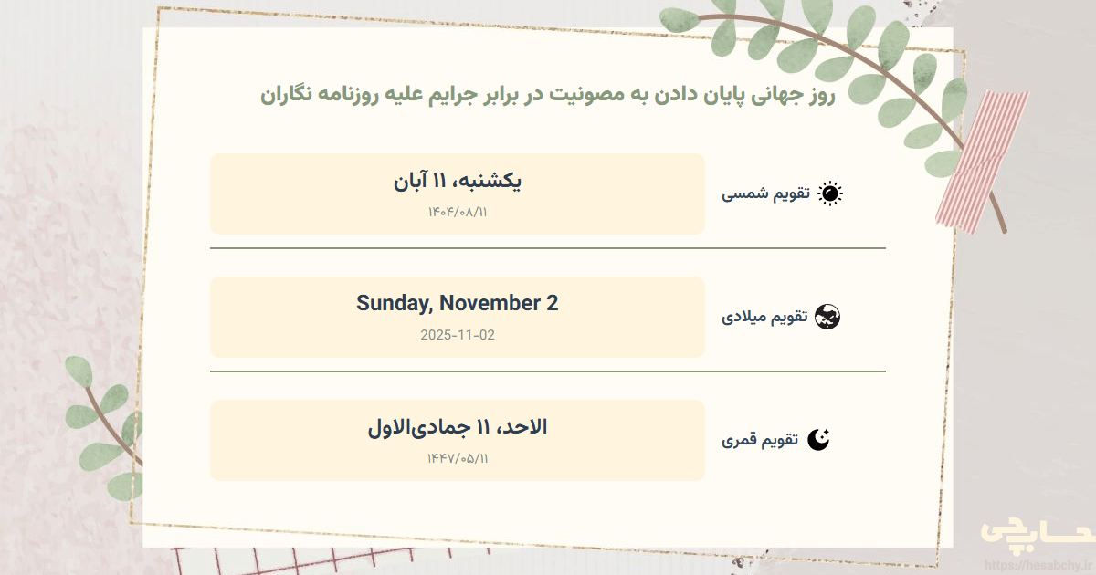 تصویر رویداد روز جهانی پایان دادن به مصونیت در برابر جرایم علیه روزنامه‌ نگاران - یکشنبه، ۱۱ آبان (Sunday, November 2) - الاحد، ۱۱ جمادی‌الاول