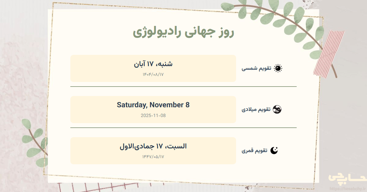 تصویر رویداد روز جهانی رادیولوژی - شنبه، ۱۷ آبان (Saturday, November 8) - السبت، ۱۷ جمادی‌الاول