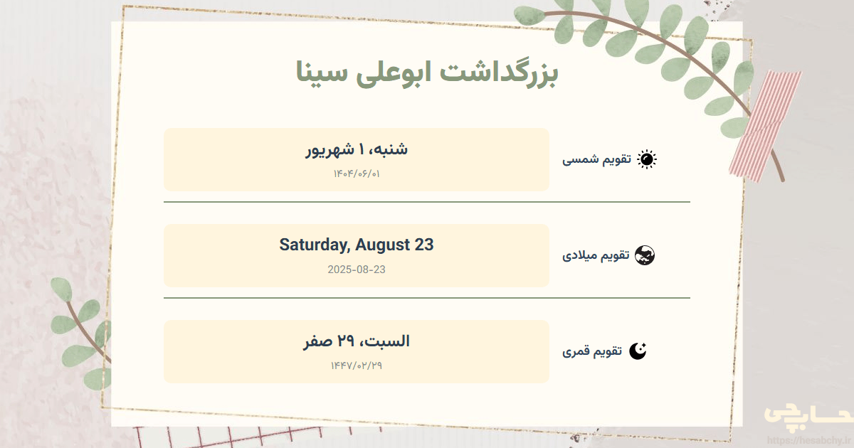 تصویر رویداد بزرگداشت ابوعلی سینا - شنبه، ۱ شهریور (Saturday, August 23) - السبت، ۲۹ صفر