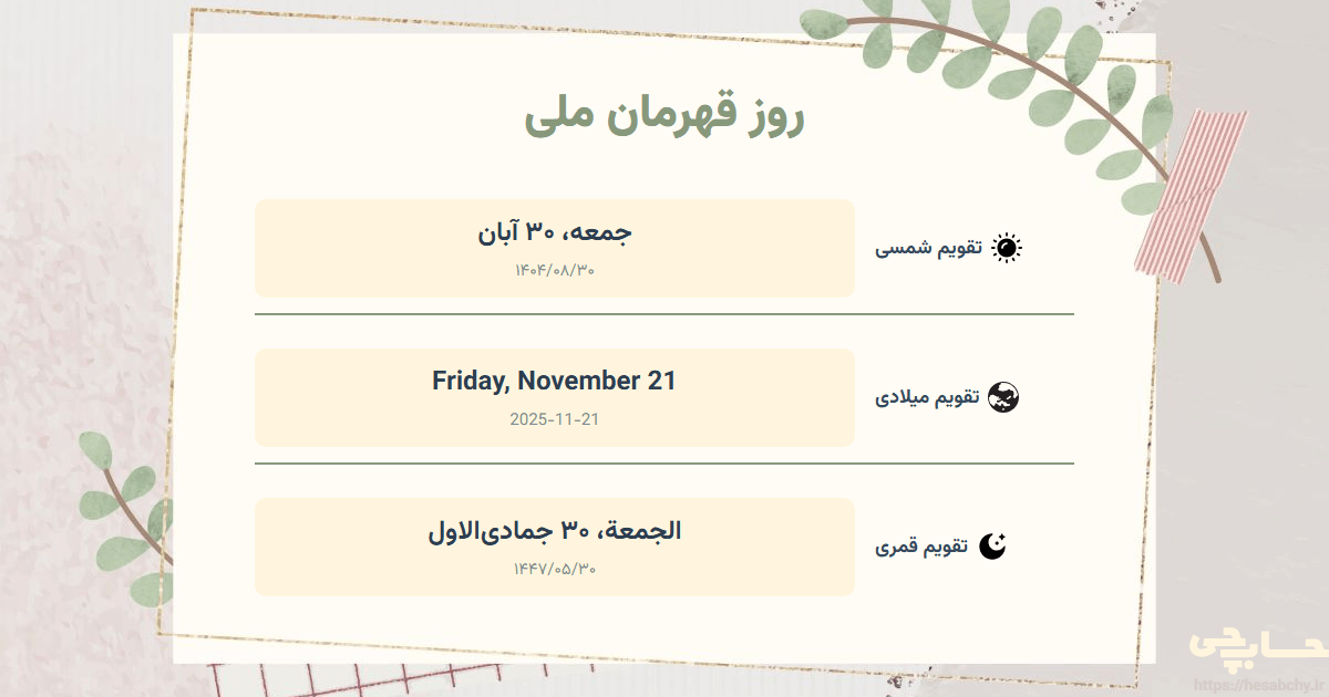 تصویر رویداد روز قهرمان ملی - جمعه، ۳۰ آبان (Friday, November 21) - الجمعة، ۳۰ جمادی‌الاول