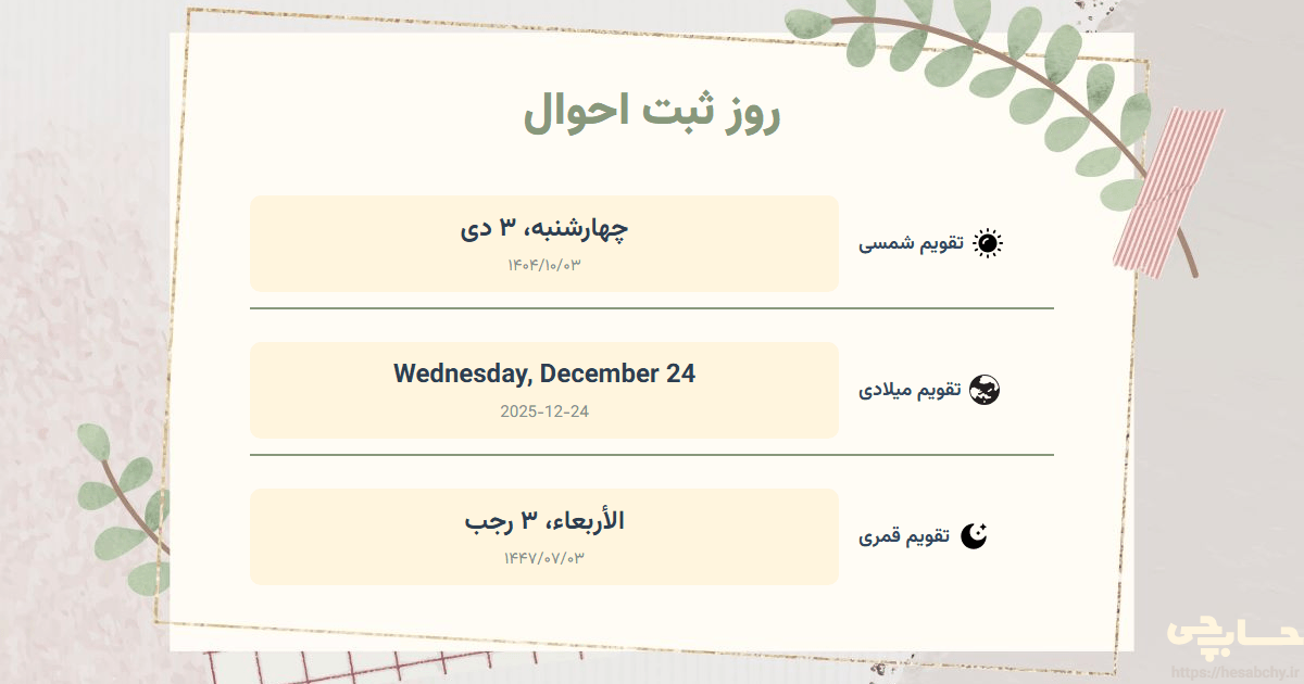 تصویر رویداد روز ثبت احوال - چهارشنبه، ۳ دی (Wednesday, December 24) - الأربعاء، ۳ رجب