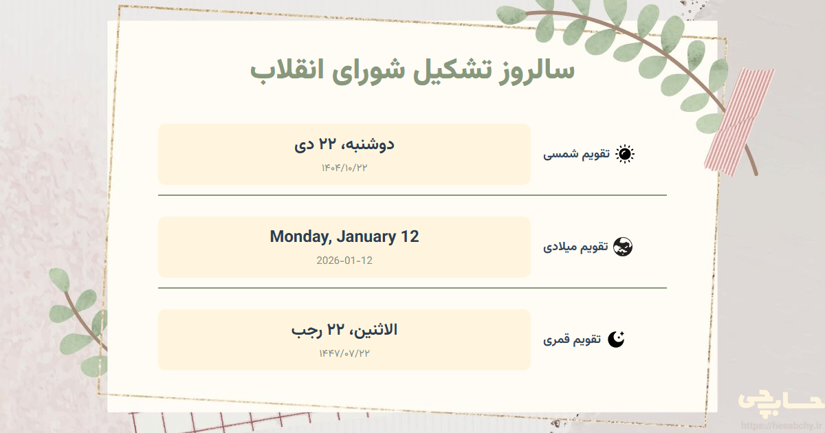 تصویر رویداد سالروز تشکیل شورای انقلاب - دوشنبه، ۲۲ دی (Monday, January 12) - الاثنين، ۲۲ رجب