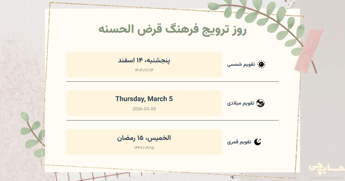 تصویر رویداد روز ترویج فرهنگ قرض الحسنه - پنجشنبه، ۱۴ اسفند (Thursday, March 5) - الخميس، ۱۵ رمضان