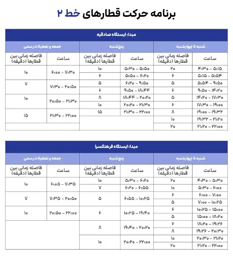 برنامه حرکت قطارهای خط ۲ از شنبه تا جمعه
