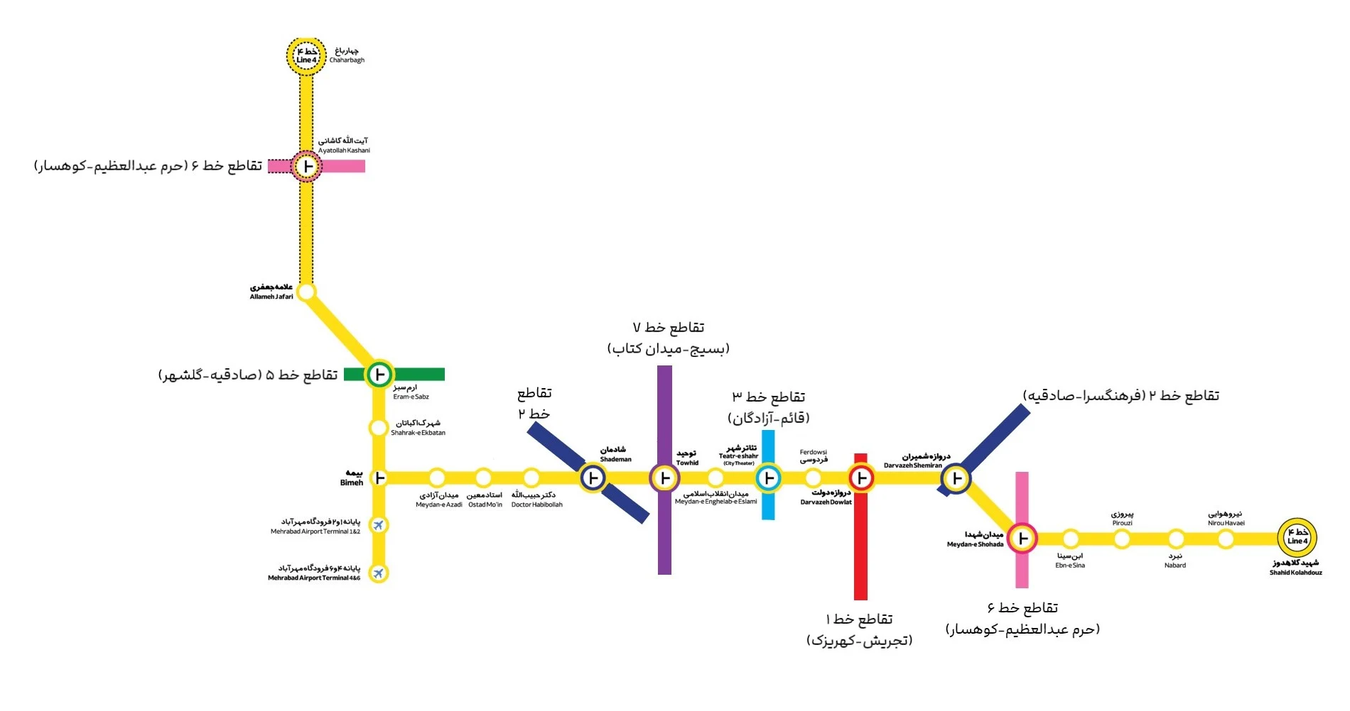 نقشه خط ۴ مترو تهران با ایستگاه ها و تقاطع