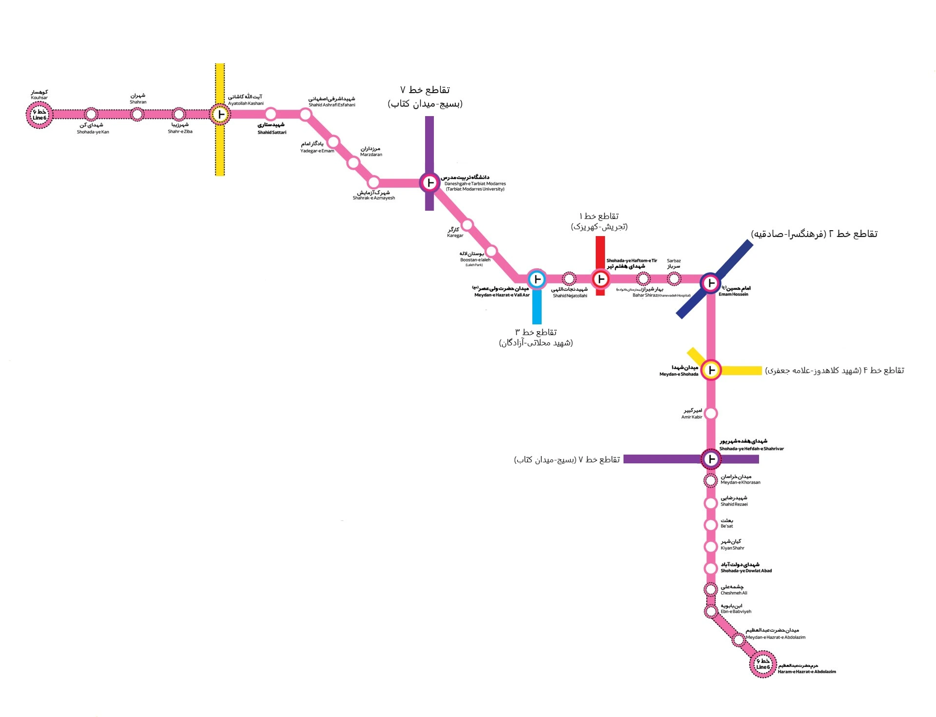 نقشه خط ۶ مترو تهران با ایستگاه ها و تقاطع
